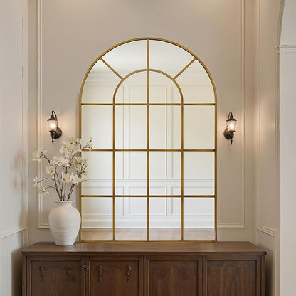 Anpark Arched Windowpane Wall Mirror 30"x48" Bronze Wall Mounted Art Pane Mirror Farmhouse Decorative Mirror Leaning Hanging Wall Mirror for Bedroom Living Room Entrance Hallway Wall Decor