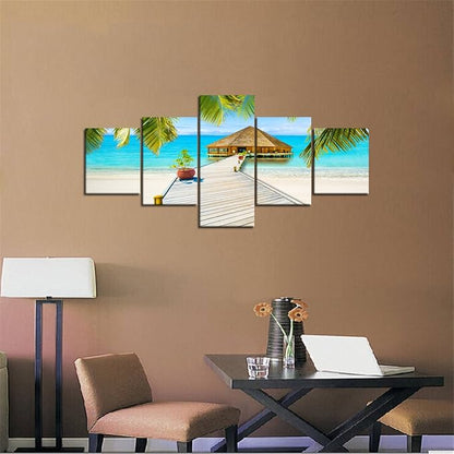 Landscape Beach Palm Tree House Scene of Sea Picture Modern Painting on Canvas 5 Piece Framed Wall Art for Living Room Bedroom Home Decor Gallery Wrap Giclee Print (50’’W x 24’’H)