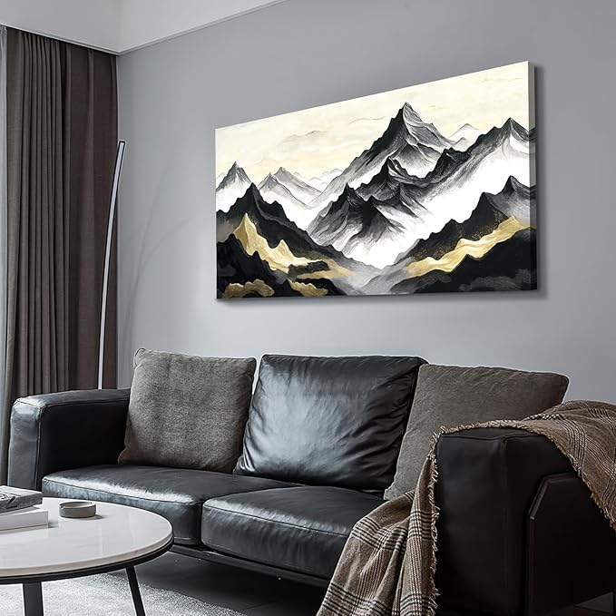 Large Black White And Gold Natural Landscape Wall Art For Living Rooms; Modern Abstract Canvas Prints Artwork For Walls; Chinese-Style Mountain Pictures For Bedrooms, Hallways, And Offices. 48X24 Inches.