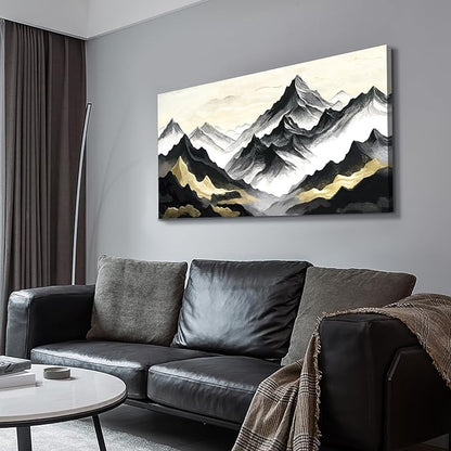 Large Black White And Gold Natural Landscape Wall Art For Living Rooms; Modern Abstract Canvas Prints Artwork For Walls; Chinese-Style Mountain Pictures For Bedrooms, Hallways, And Offices. 48X24 Inches.