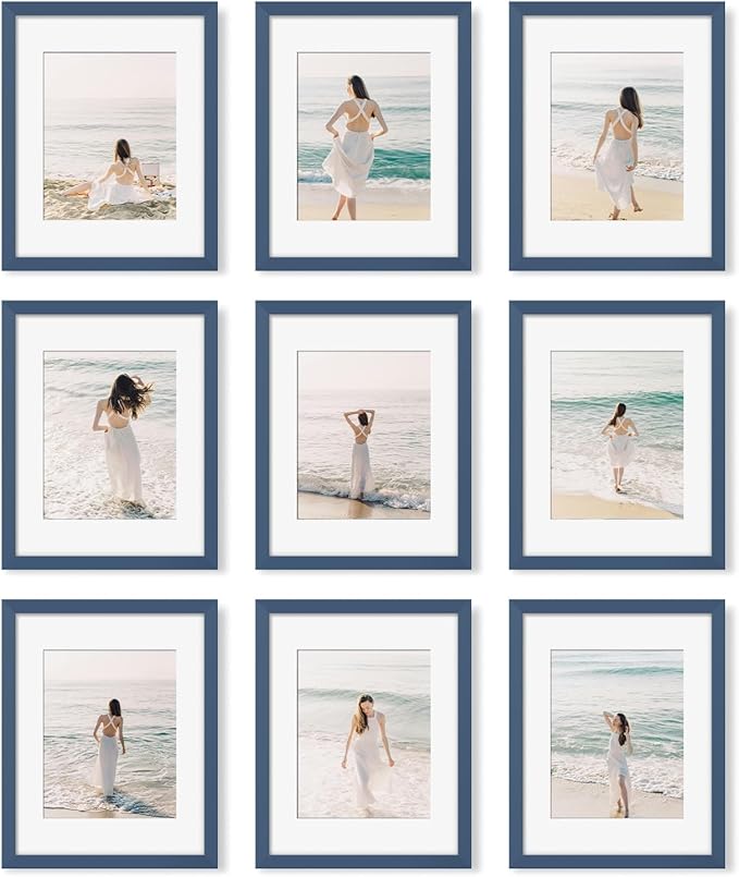 YESKAY 11x14 Picture Frame Set of 9 Photo Gallery Wall Frame Set Display Pictures 8x10 with Mat or 11 x 14 Without Multi Photo Frames for Wall Mounting or Table Top Display, Blue