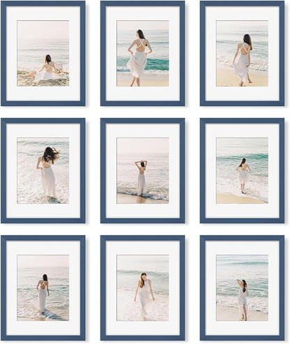 YESKAY 11x14 Picture Frame Set of 9 Photo Gallery Wall Frame Set Display Pictures 8x10 with Mat or 11 x 14 Without Multi Photo Frames for Wall Mounting or Table Top Display, Blue