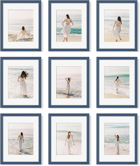YESKAY 11x14 Picture Frame Set of 9 Photo Gallery Wall Frame Set Display Pictures 8x10 with Mat or 11 x 14 Without Multi Photo Frames for Wall Mounting or Table Top Display, Blue