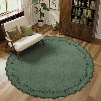 GarveeHome Round Area Rugs 8ft for Living Room, Large Solid Green Washable Circle Rug Soft Non Slip Forest Animal Print Floor Mat Carpet Indoor Thin Rug for Bedroom Dining Room Playroom Nursery