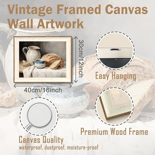 ASTRDECOR Framed Kitchen Wall Art, Modern Muted Still Life Painting Farmhouse Wall Decor, Sourdough Bread Canvas Wall Art Prints, Rustic Jars White Tablecloth Country Wall Decor Living Room-12''x16''