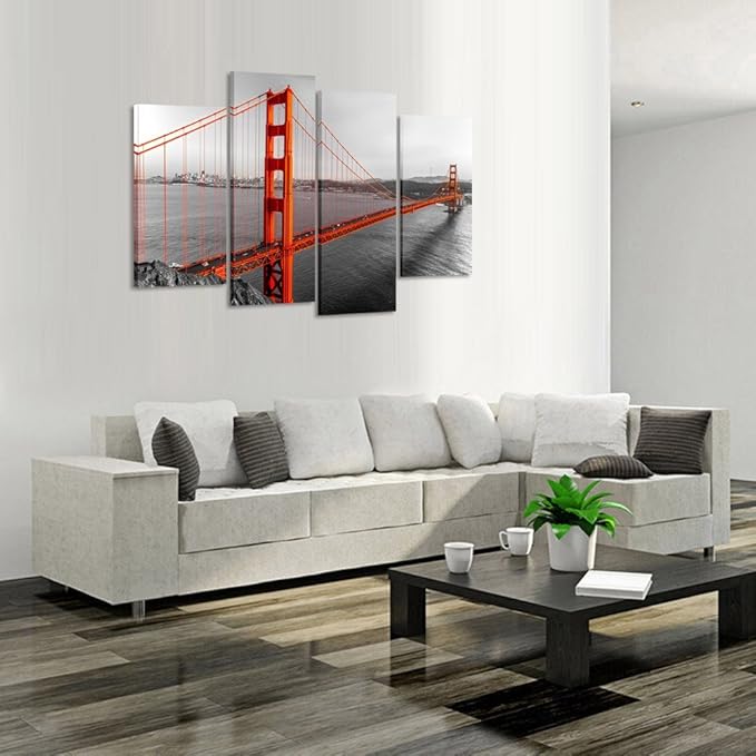 KREATIVE ARTS Canvas Print Beautiful Golden Gate Bridge San Francisco California Black White Red Wall Art Home Decoration Picture Framed 4 panel Ready to Hang