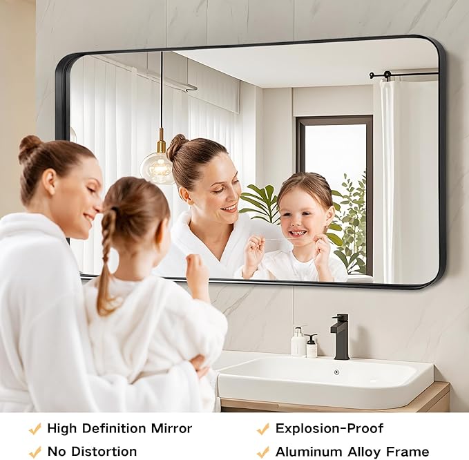 Blck Bathroom Mirror for Over Sink - 20x40 Inch Metal Framed Round Corner Bathroom Mirror for Wall, Matte Large Vanity Mirror for Restroom, Entryway, Hanging Vertically or Horizontally