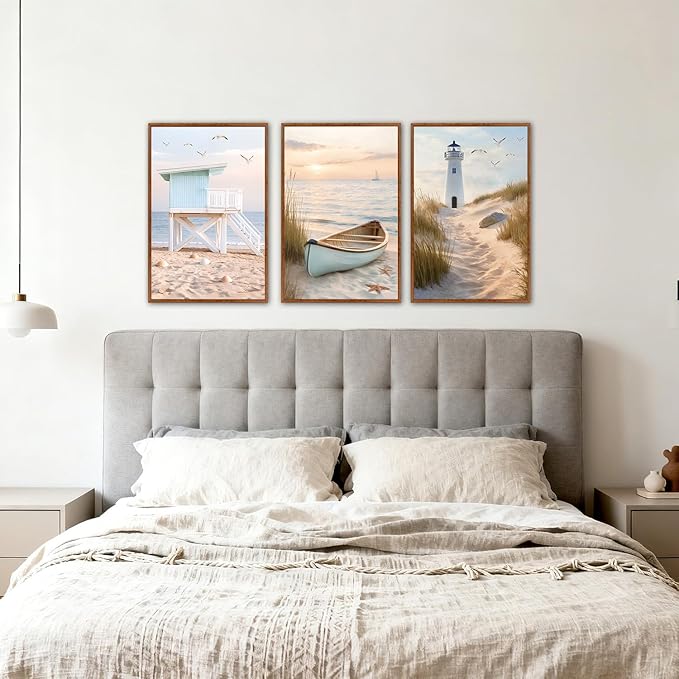 KAlRNE Modern Coastal Framed Canvas Wall Art Set of 3(16”X24”),Neutral Beach Sailboat Wall Decor,Ocean Lighthouse Picture,Photography Seagull Seascape Art Prints For Living Room Bedroom Office