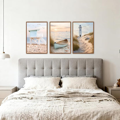 KAlRNE Modern Coastal Framed Canvas Wall Art Set of 3(16”X24”),Neutral Beach Sailboat Wall Decor,Ocean Lighthouse Picture,Photography Seagull Seascape Art Prints For Living Room Bedroom Office