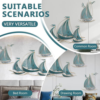 Set of three sailboats Metal Wall Art Large Metal Sailboat Wall Decor, Metal Ship Wall Decorations, Large Metal Ship Wall Decor for Living Room, Bedroom, Modern Home Wall Sculpture for Office, Bedroom