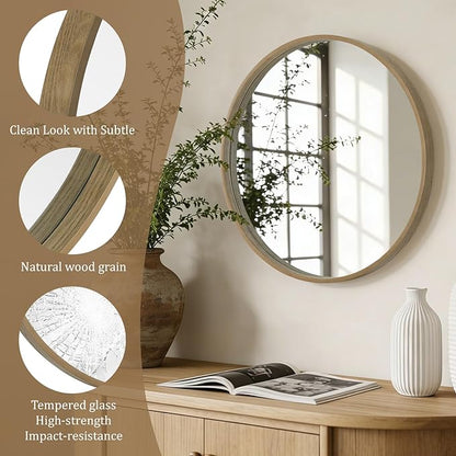 WallBeyond Round Wood Mirror 24" Circle Wall Mirror for Bathroom Round Wall Mirror for Wall Decor, Vanity, Entryway Living Room, Honey