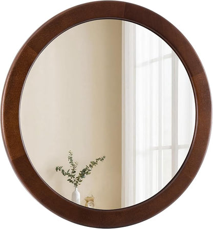 CULER Round Wood Mirror 24 Inch,Circle Mirror with Walnut Frame for Wall,Rustic Decorative Round Wall Mirror for Bathroom Bedroom Entryway（Walnut Brown）