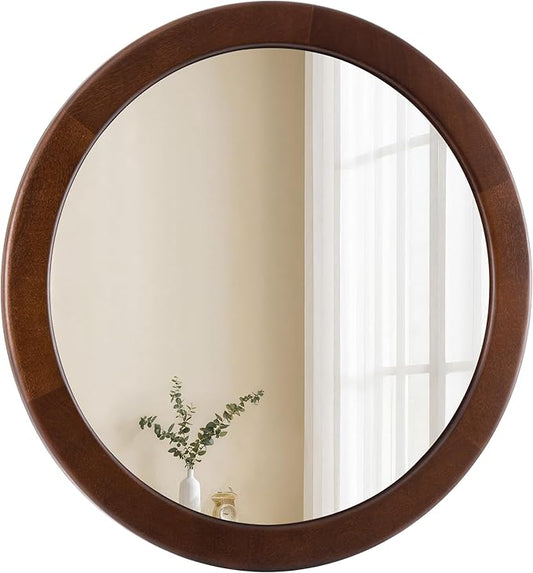 CULER Round Wood Mirror 24 Inch,Circle Mirror with Walnut Frame for Wall,Rustic Decorative Round Wall Mirror for Bathroom Bedroom Entryway（Walnut Brown）
