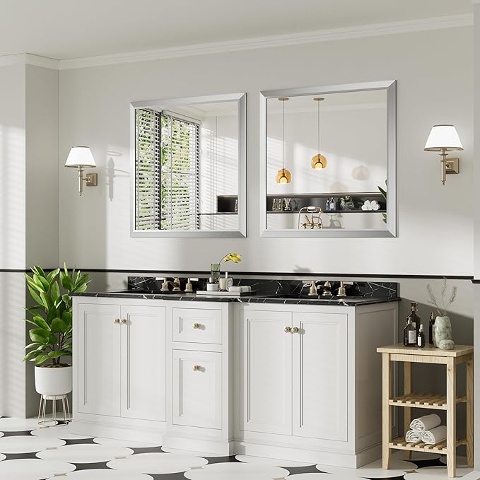 36x36 Inch Brushed Silver Bathroom Mirror for Wall, Thick Metal Framed Rectangle Mirrors for Over Sink, Bedroom, Living Room, Entryway, Anti-Rust, HD Tempered Glass