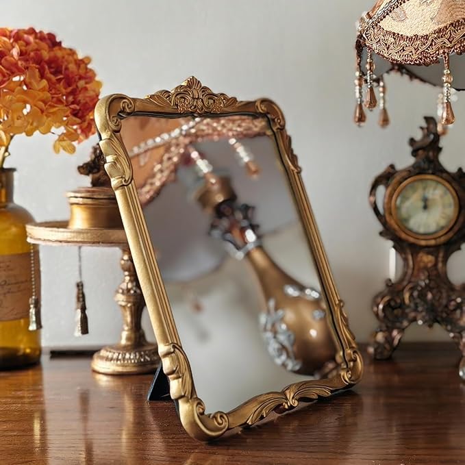 SIKOO 8x10 Inch Vintage Mirror Bronze Decorative Wall Mirror Makeup Mirror for Table Antique Home Decor Ornate Brass Arch Wall Art Resin and Premium Glass