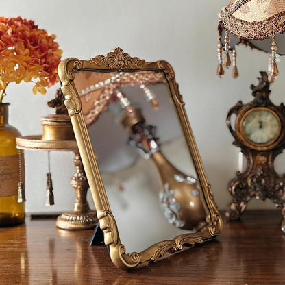 SIKOO 8x10 Inch Vintage Mirror Bronze Decorative Wall Mirror Makeup Mirror for Table Antique Home Decor Ornate Brass Arch Wall Art Resin and Premium Glass
