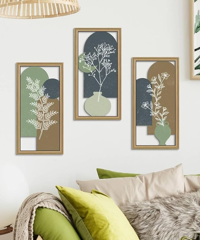 Putuo Decor Botanical Wall Decor Set of 3,Boho Plant Wall Art, Green Bohemian Abstract Wall Decor, Modern Neutral Wooden Frame Decor for Living Room Bedroom Office