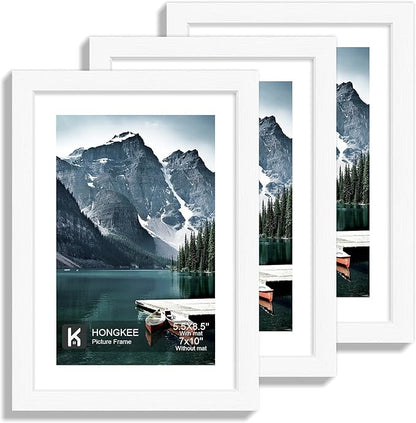 Hongkee 7x10 Frame with Real Glass - Display 5.5 x 8.5 Diploma Frame with Mat or 7 x 10 without Mat, Photo Frame for Wall or Table Top Display(White, 3 Pack)