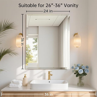 24x36 Inch Rectangle Frameless Mirror, Beveled Bathroom Mirror, Frameless Wall Mirror with 1" Beveled Edge for Bathroom Vanity, Entryway, Living Room