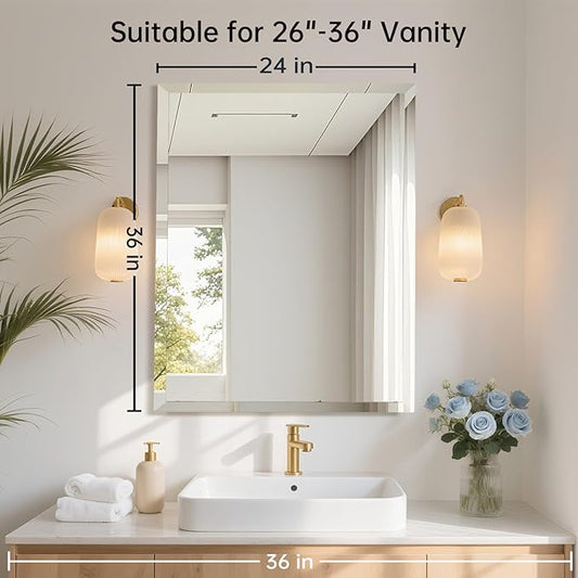 24x36 Inch Rectangle Frameless Mirror, Beveled Bathroom Mirror, Frameless Wall Mirror with 1" Beveled Edge for Bathroom Vanity, Entryway, Living Room