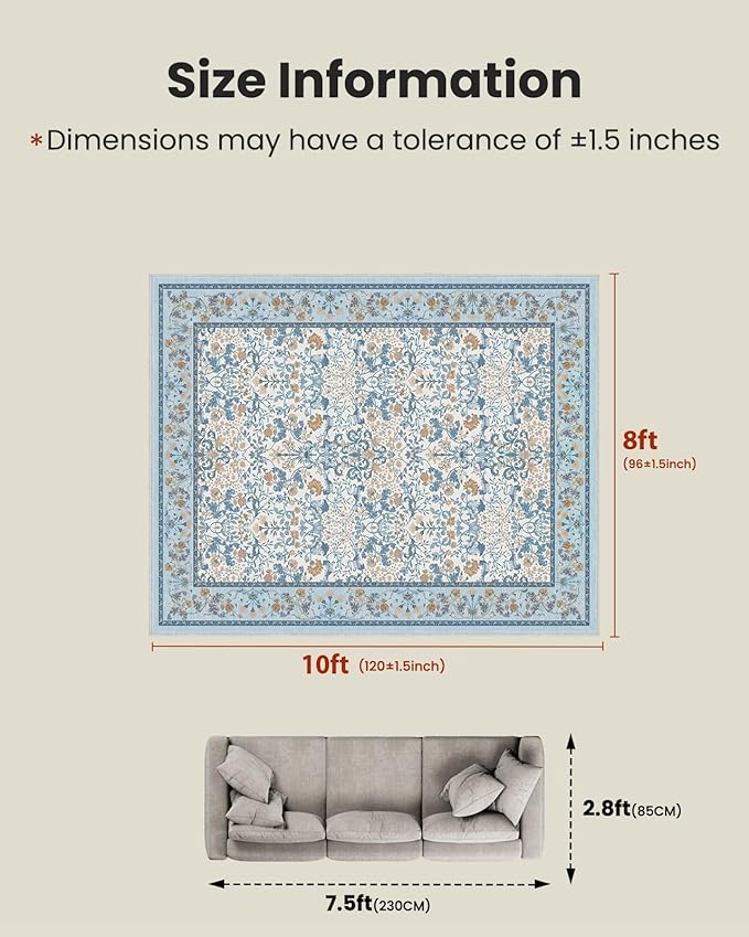 AMADA HOMEFURNISHING 8x10 Washable Area Rugs for Living Room, Non-Slip & Low-Profile Floral Large Area Rug with Durable Edge Binding, Soft Rugs for Living Room, Bedroom, Dining Room