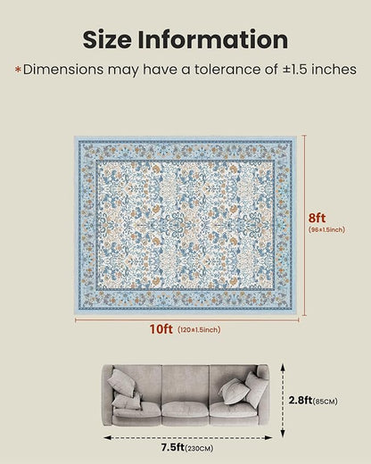 AMADA HOMEFURNISHING 8x10 Washable Area Rugs for Living Room, Non-Slip & Low-Profile Floral Large Area Rug with Durable Edge Binding, Soft Rugs for Living Room, Bedroom, Dining Room