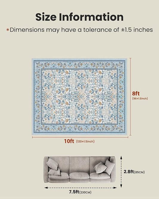 AMADA HOMEFURNISHING 8x10 Washable Area Rugs for Living Room, Non-Slip & Low-Profile Floral Large Area Rug with Durable Edge Binding, Soft Rugs for Living Room, Bedroom, Dining Room