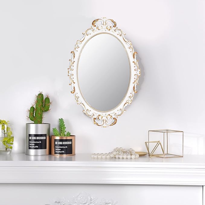 Tstarer 2 Pack - Vintage Decorative White Framed Mirror, Wall Hanging Mirrors & Tabletop Tray for Bedroom Living Room Dresser Decor, Oval- 9.6" W x 14.3" L (WHITE-2PACK)