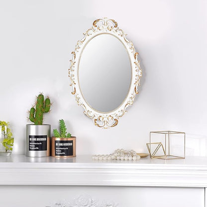 Tstarer 2 Pack - Vintage Decorative White Framed Mirror, Wall Hanging Mirrors & Tabletop Tray for Bedroom Living Room Dresser Decor, Oval- 9.6" W x 14.3" L (WHITE-2PACK)