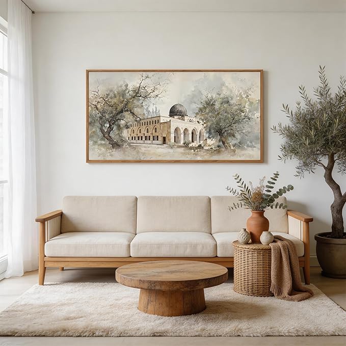 CHDITB Jerusalem Palestine Al Aqsa Mosque with Olive Trees Wall Art Framed, Neutral Modern Middle Eastern Arabic Muslim Gift Canvas Artwork, Large Vintage Islamic Masjid Architecture Painting Decor for Living Room Office (40"L x 20"W)