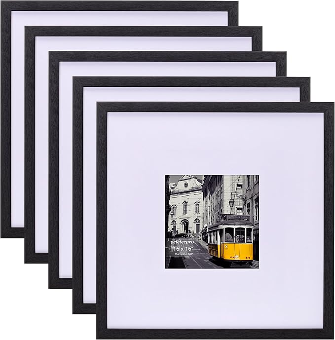 eletecpro 16x16 Picture Frames Set of 5, Gallery Wall frames Display 8x8 Photo with Mat or 16x16 without Mat, Picture Frame Collage Home Decor for Wall Mounting, Black