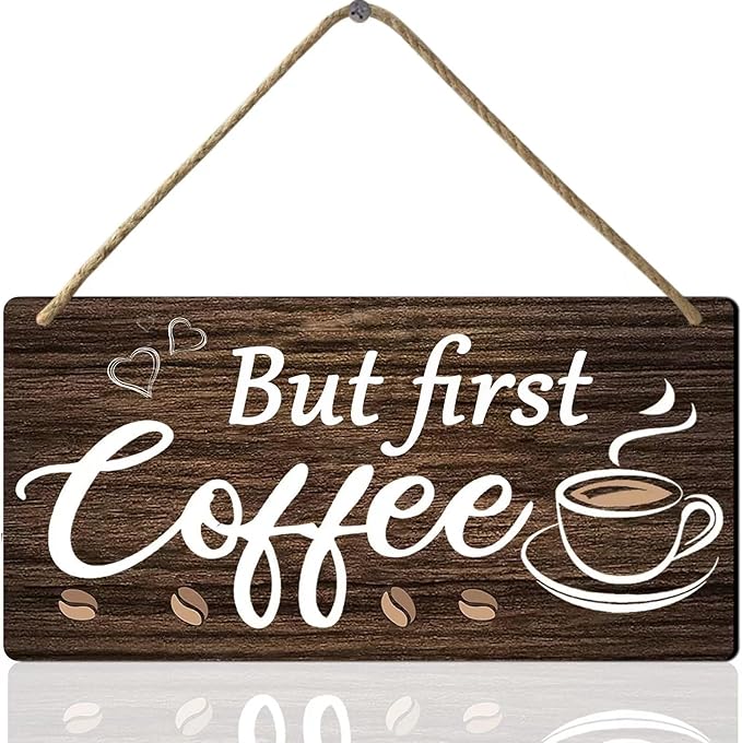 But First Coffee Sign - Wooden Coffee Bar Art, 6 x 12 Inch