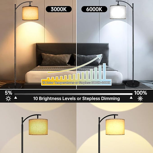 mukuxin LED Floor Lamps for Living Room, 12W 1200LM Modern Arc Floor Lamp with Remote & Adjustable Linen Lampshade, 12 Color Temperature Stepless Dimmable Tall Standing Lamp (Beige)