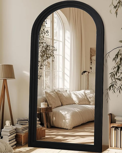 Full Length Mirror, 76"x34" Wooden Mirror Full Length with Stand Wood Floor Mirror, Oversized Stand Up Mirrors Large Wall Mirrors, Wall Mounted Mirrors, Arched Wood Style, Black