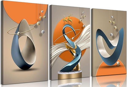 3 Pcs Modern Abstract Canvas Wall art Golden Deer Luxury Foil Lines Paintings Pictures Wall Decoration White Blue orange color Grey posters Prints for Living Room Bedroom Office Home Decoration
