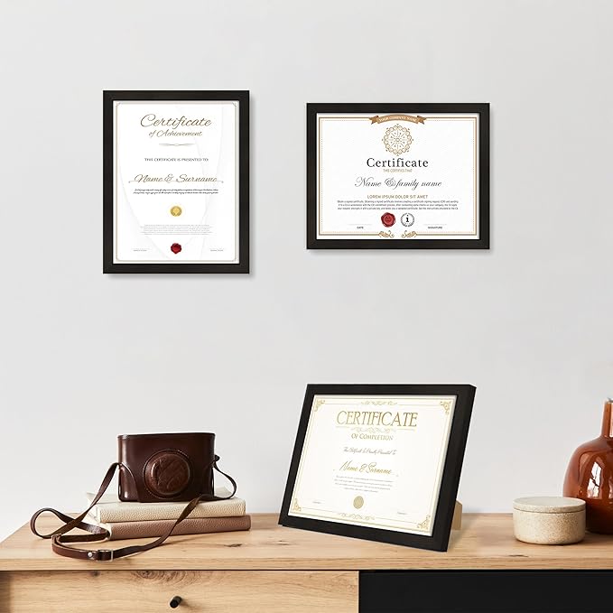 Hongkee 8.5x11 Diploma Frame with Tempered Glass, Multi Certificate 8.5 by 11 Photo Frame Bulk for Wall or Tabletop Display(Black, 3 Pack)