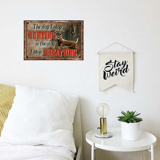 Vintage-Sign Rustic-Poster Wall-Art Hunting-Lovers, Stop Hunting Stop Breathing, Funny Deer Decor Gift Plaque for Bar Pub Beer Home Garage Man Cave 8 X 12 Inch