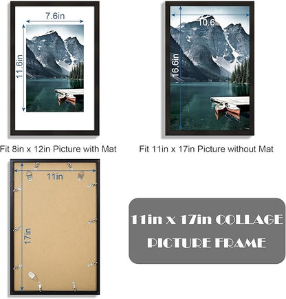 Hongkee 11x17 Picture Frame Set of 3 - Display 8x12 Photo with Mat or 11 x 17 Poster without Mat, Wall Mounting Horizontal and Vertical, Black
