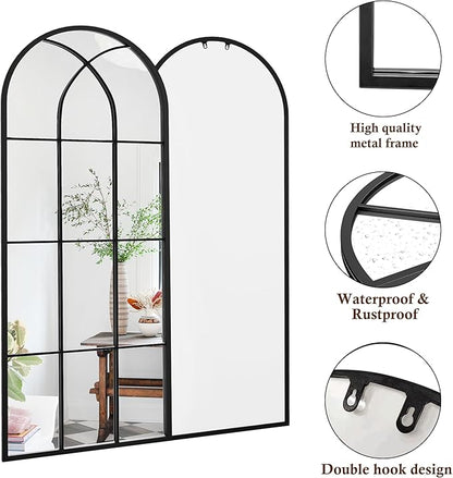 Mirror Full Length, 71"x32" Large Arched Mirror, Black Full Body Window Pane Mirrors, Oversize Farmhouse Standing Wall Mirrors Hanging or Leaning for Living Room, Entryway, No Stand