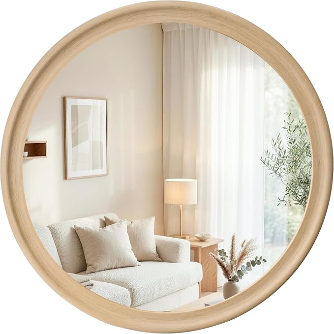 CULER Round Wall Mirrors 36 Inch,Natural Rustic Decorative Transitional Mirror with Wood Grain Frame for Wall,Farmhouse Hanging Vanity Mirror for Bathroom Bedroom Living Room or Entryway