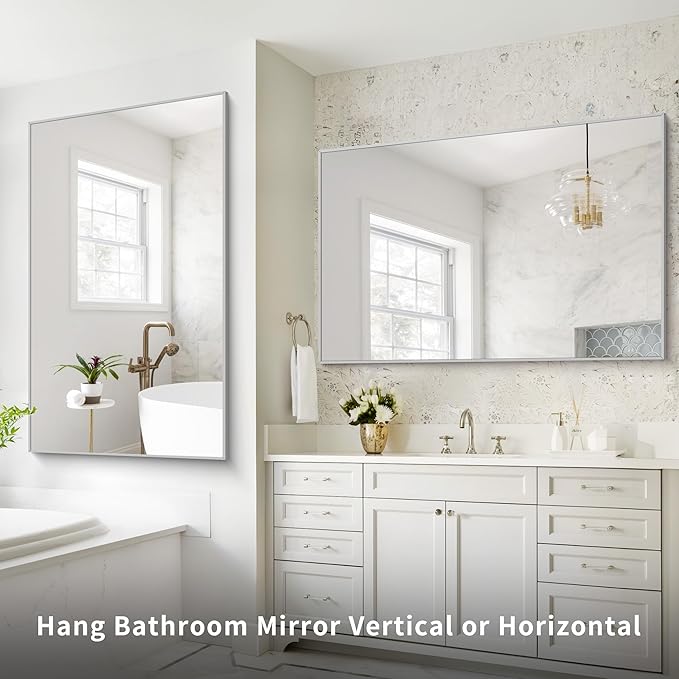 COFENY 36x55 inch Bathroom Mirror, Silver Rectangle Mirror with Thin Metal Frame, Large Rectangular Wall Mirrors for Bathroom, Living Room, Big Mirror Hang Horizontal/Vertical