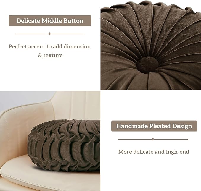 HIG Set of 2 Decorative Round Pleated Throw Pillows,Classy Accent Pumpkin Throw Pillows with Center Button,Vintage Velvet Floor Pillows for Sofa Vanity Chair Bed,Chocolate,14.5" Diameter(Ripple)