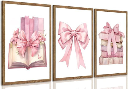 JBZDD Bow decor Art Set of 3,Book Lovers Gifts Preppy Decor Trendy Pink book Posters Pictures Prints Aesthetic for Girls Room College Apartment Living Room Bedroom Framed 12x16 In Framed