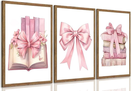JBZDD Bow decor Art Set of 3,Book Lovers Gifts Preppy Decor Trendy Pink book Posters Pictures Prints Aesthetic for Girls Room College Apartment Living Room Bedroom Framed 12x16 In Framed