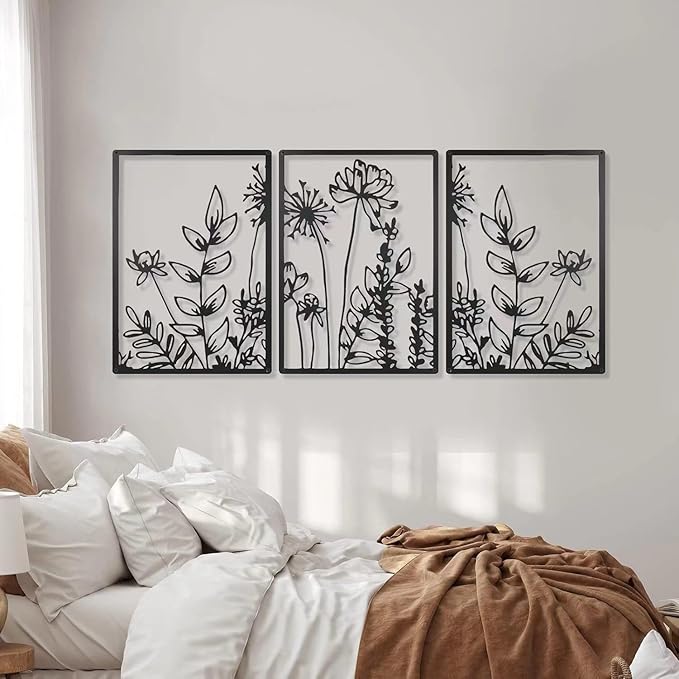 GSANMU Metal Boho Flower Wall Decor - 3 Pcs Minimalist black Farmhouse Hanging Wall Art Iron line decor for Bathroom,Living Room and Bedroom 16.5×11.8 inch