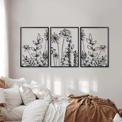 GSANMU Metal Boho Flower Wall Decor - 3 Pcs Minimalist black Farmhouse Hanging Wall Art Iron line decor for Bathroom,Living Room and Bedroom 16.5×11.8 inch