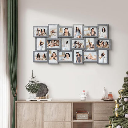 J.M.Deco Collage Picture Frames for Wall Decor, 18-Opening Reunion Family Friends Picture Frame Set, 4 x 6 Photo Frames Collage for Living Room Bedroom, Ashes
