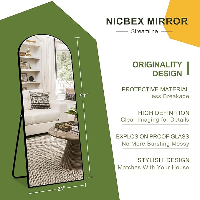 NicBex Arched Full Length Mirror, 64"x21" Aluminum Alloy Frame Full Body Mirror with Stand, Black - Free Standing, Leaning Against Wall or Wall-Mounted, for Bedroom Living Room Dressing Room
