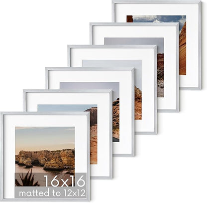 HAUS AND HUES 16x16 Silver Metal Picture Frames Matted to 12x12 - Premium Aluminum with Hanging Hardware, Shatterproof Plexiglass - Ideal for Home or Office (16x16 in, Silver, Set of 6)