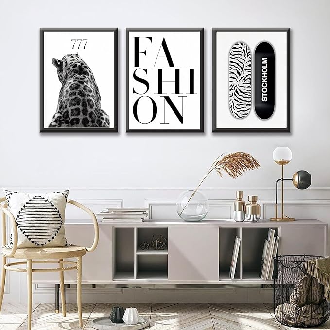 SUOLIUKJYS 3Pcs Trendy Leopard Wall Art Black White Cheetah Wall Decor Fashion Aesthetic Canvas Posters Preppy Stockholm Prints Stylish Cheetah Pictures Y2k Painting For Bedroom 16X24 Inch Unframed